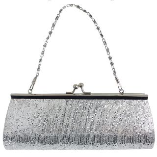 Silver Glitter Kisslock Chain Clutch Evening Handbag