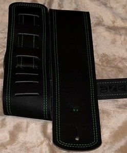 Handmade Custom 3 Black Leather Guitar Strap/ Green Double stitching