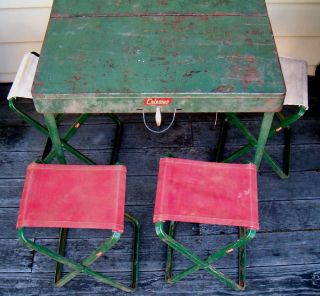 RARE Coleman Green Folding Camp Table 4 Chairs Stools
