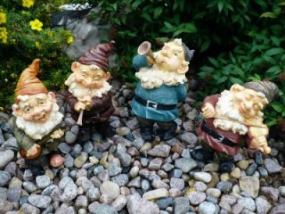 NEW FOUR 10 IN.GNOMES PLAYING BANJO,FIDDLE, TRUMPET,HORN garden little
