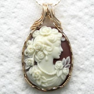  Goddess Rose Cameo Pendant 14k Rolled Gold Artisan Wire Jewelry