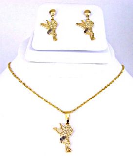 Set Gold 18k GF Fairy Tinkerbell Magic Pendant Earrings Charm & Chain