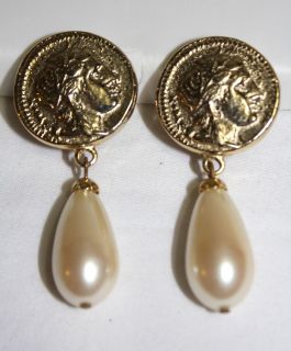 Signed Carolee Costume Jewelry Gold Tone Roman Coin Faux Pearl Clip on