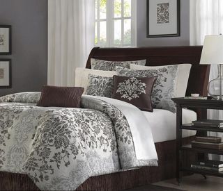  Madison Grey/Chocolate Modern Floral Damask Pattern Comforter Set King