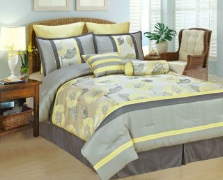  Yellow Light Gray Peony Bed in A Bag Comforter Set Queen Size