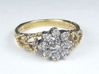Terrific Vintage English 9K Gold Diamond Heart Star Rope Ring