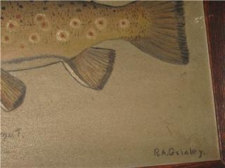  Primitive Fish Painting Brown Trout Signed Gridley w Oak Frame