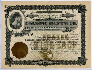 Golding ManFG Co Stock Certificate MA Printpress