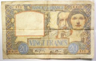 1941 Banque de France 20 Francs Note Fine French WW II Paper Money
