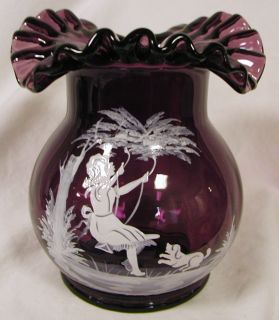  Amethyst Glass Vase w Handpainted Mary Gregory Girl on Swing