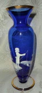 Mary Gregory Cobalt Blue and Gold Gilded Glass Vase 9 25 Tall