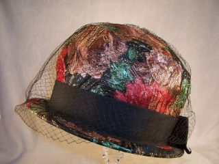  Ladies Cloche Metallic Fabric Hat Black Grosgrain Band Bow Veil