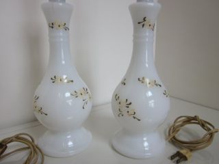 Vintage Pair of Milk Glass Lamps with Hand Painted Designs