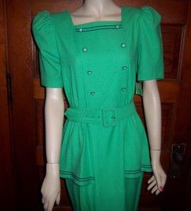 Vtg Sabino Green Peplum 30s Style Dress Size 8
