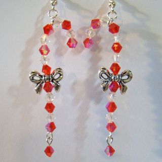 Candy Cane Red AB Crystal AB Austrian Crystal Bicone with Bow Earrings