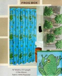 FROG BOX GREEN BLUE SHOWER CURTAIN AND HOOKS BATH ROOM SET NEW