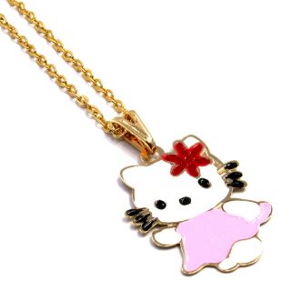 Gold 18K GF Flower Enamel Hello Kitty Girl Baby Pendant Charm Chain