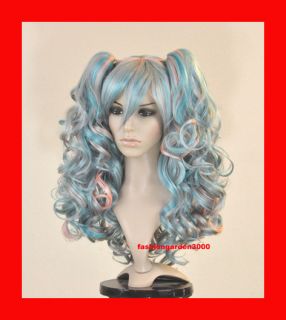 3Color Blue Pink Grey Wavy Ponytail Costume Cosplay Wig
