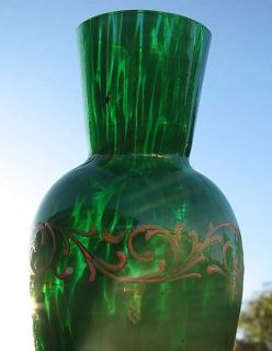 Vintage Bohemian Czech Art Glass Green Painted  vase