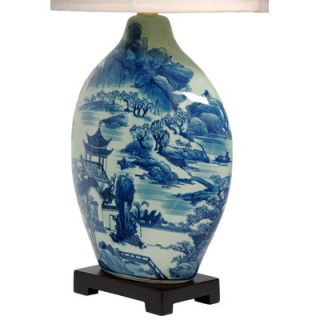 Oriental Furniture Landscape Moon Vase Lamp in Blue and White   JCO