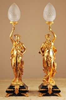 Pair French Ormolu Gregoire Classic Figurine Lamps Ligh