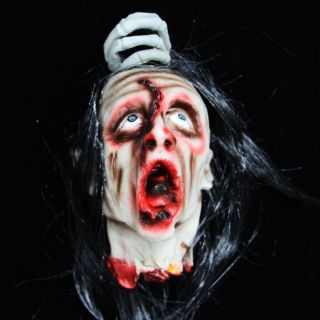  Halloween Prop Severed Head Display Life Hanging Blood Wig Dead