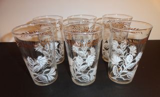 Vtg Libbey 1950s Juice Glass Glasses Frost White Gold Flower 6ct