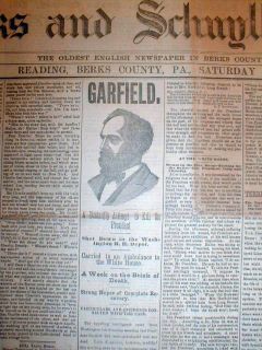 1881 headline newspaper ASSASSINATION of PRESIDENT JAMES GARFIELD   w