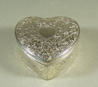 Silverplated Heart Shaped Hinged Trinket Box Red Velvet Lining Leaf