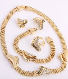 Greek Design Gold Plated Necklace Bracelet Earring Ring Set Rhinestone