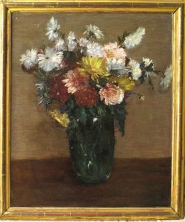 19thC French Impressionist Oil Fantin Flowers in Vase Signed Beautiful
