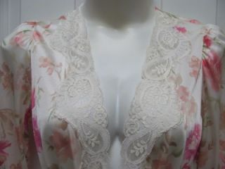 Vtg RARE Olga Long Rose Floral Lace Peignoir Robe Medium 94280
