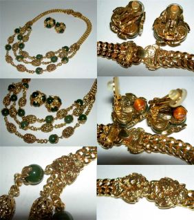 RARE St John Green Jade Glass Bead Goldtone Earrings Necklace Etruscan