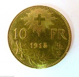 1915 Swiss 21 6ct Gold Helvetia 10 Franc Coin