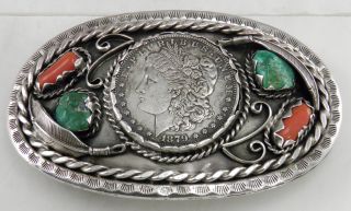  Navajo Sterling Turquoise Coral Belt Buckle by Douglas Harrison