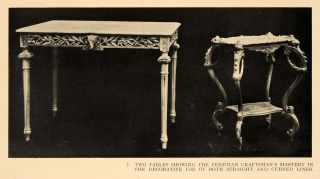 1917 Print Venetian Carved Wooden Tables Curved Legs   ORIGINAL