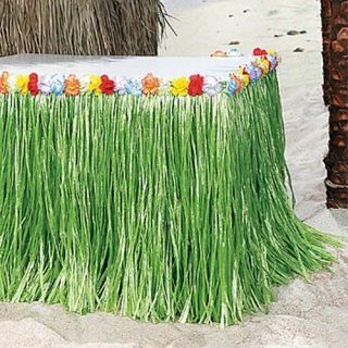 Hawaiian Luau Party Green Grass Table Skirt Hibiscus Flower Lot