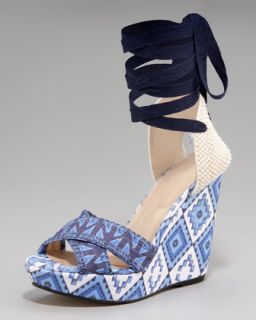 Theodora & Callum Patterned Linen Lace Up Wedge, Blue   
