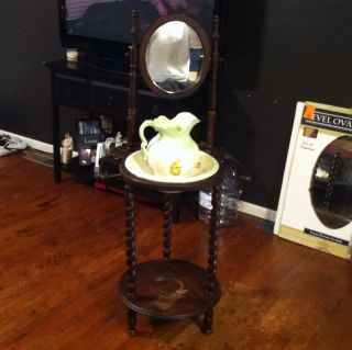 VICTORIAN WASH BASIN STAND WITH BOWL AND PITCHER WOOD MIRROR TOWEL