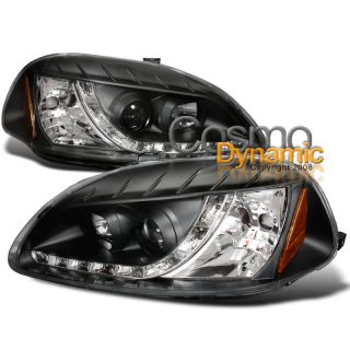 Civic Blk R8 Style LED Projector Head Light Lamps Pair
