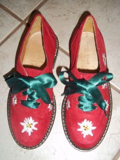 HANS BEHR Italian Red Velvet CHRISTMAS Shoes w Green Ribbon Laces 32 1