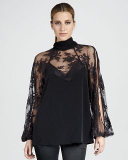 Naeem Khan Lace Applique Peasant Blouse   