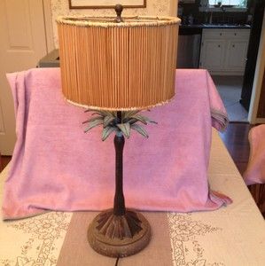 Vintage Tropical Palm Tree Table Lamp with Rattan Shade