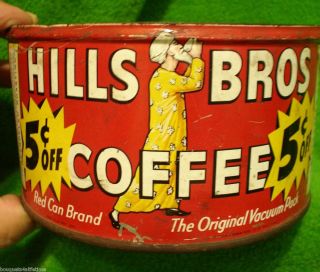 Vintage Hills Bros Coffee Tin Red Can Brand 5 Cents Off