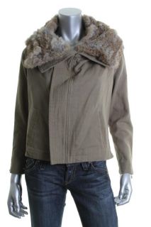 Joie New Helene Green Canvas Zip Front Rabbit Fur Collar Jacket XS