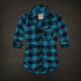 Hollister Women Turquoise Plaid Button Down Shirt Top Small NWT