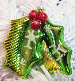 Blown Glass Holly Berries Painted Glitter Christmas Holiday Ornament