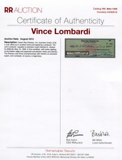 Vince Lombardi Signed Check Autographed Packers Norbert Hecker