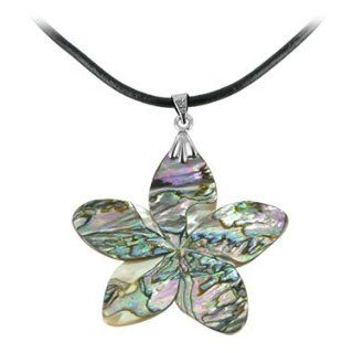 Abalone Flower Pendant Necklace 16 inch Long Leather Cord Jewelry
