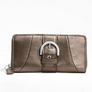 Coach Soho Metallic Bronze Leather Buckle Zip Around Wallet Clutch